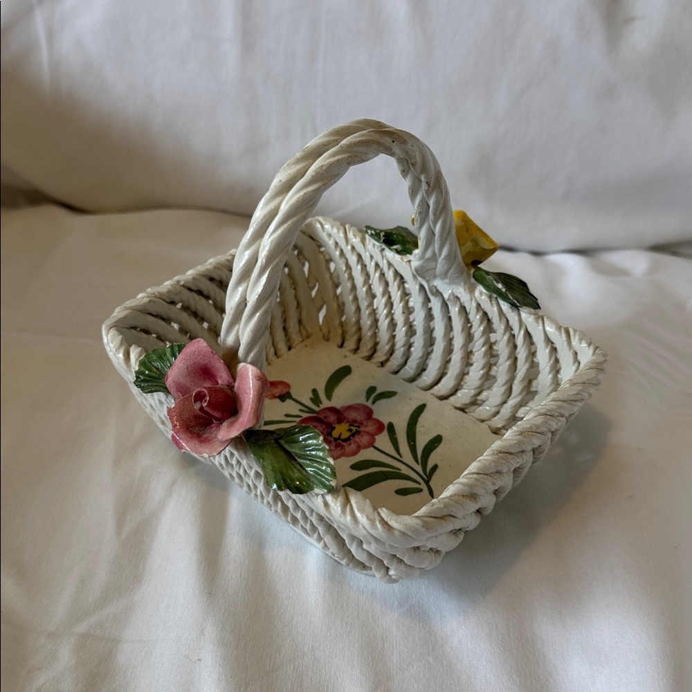 Floral Woven Basket with Pink and Green Accents
